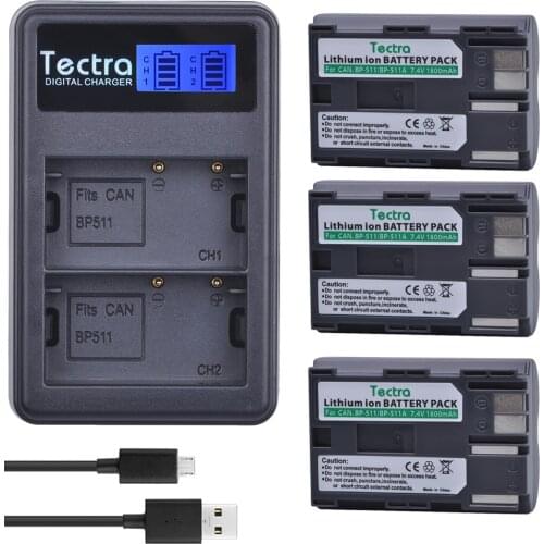 Tectra 3 x BP-511 BP-511A BP 511 Li-ion Battery + LCD USB Dual Charger for Canon G6 G5 G3 G2 G1 EOS 300D 50D 40D 30D 20D 5D