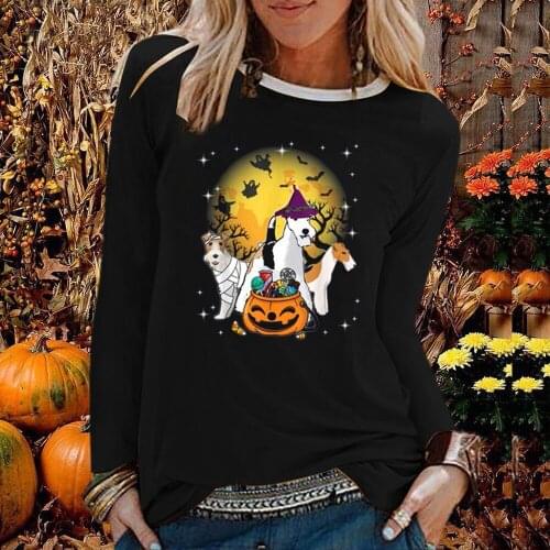 Women Autumn Winter Graphic T Shirts Streetwear White O Neck Clothes Female Dogs and Pumpkin Printing Halloween Long Sleeve Top