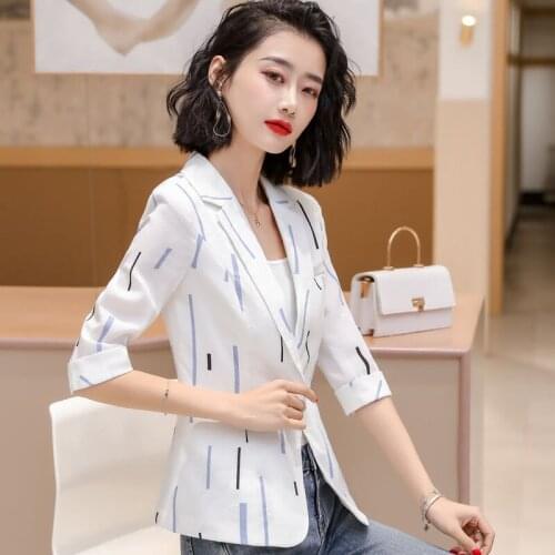 2020 Summer Women New Fashion Office Wear Striped Vintage Notched Collar Suit Blazers Female Chic Single Button Outerwears A138