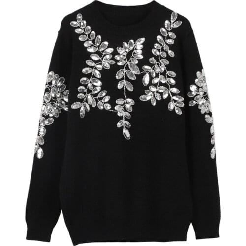 Runway Designer Oversized Sweater Women Black Pullover Olive Branch Sequins Beading Knitted Elegant Jumper