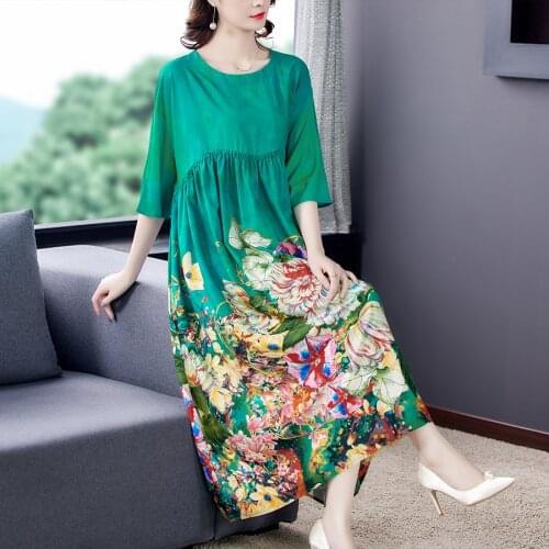 Summer Loose Green Print Mulberry Silk Midi Dress 2021 Vintage 5XL Plus Size Runway Sundress Elegant Women Bodycon Party Vestido