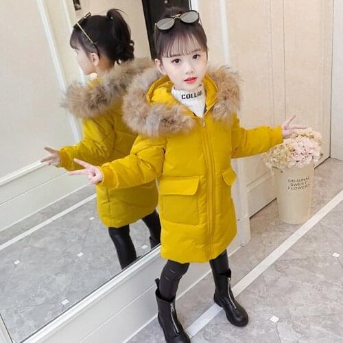 Girls Winter Jacket Child Large Pocket Yellow Coat Teenage Hooded Warm Long Kids Jacket Autumn Girls Clothing 4 6 8 12 14 Years