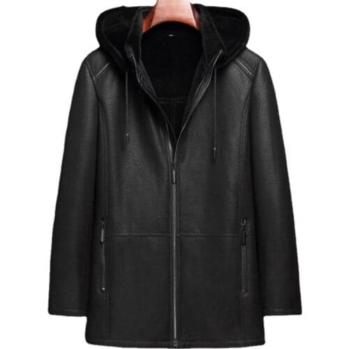 Winter Genuine Leather Jacket Men Sheepskin Hooded Long Overcoat Fur Integrated Mens Fur Outerwear Black Coat