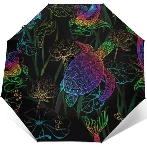 Sunny Umbrella Koi Carps Lotus And Sea Turtle Automatic folding portable women umbrella Sunscreen rain Windproof beach parasol