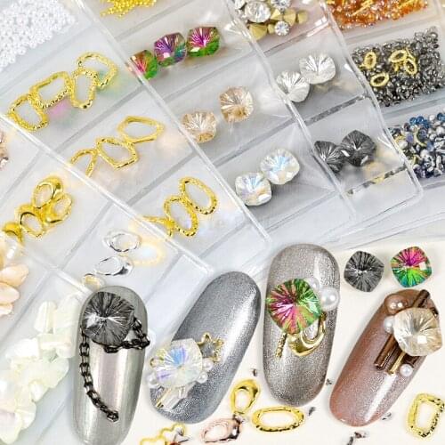 1 6 Shapes Mix Alloy Studs Frame Pearls Stones Crystal Jewel Gems Shell Flakes Nail Art Rhinestone Ornament Manicure Tips