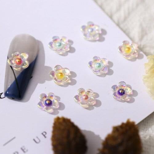 50Pcs Nail Art Flower Resin Stones AB Colors Aurora Five-Petal Flower Nail Art Design 3D Charms For Acrylic DIY Nail Art Stud