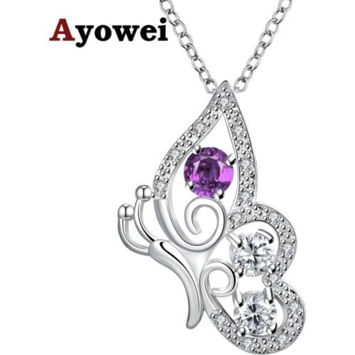 Ayowei Party Design Cubic Zirconia purple Crystal Fashion Silver Necklace Pendants Jewelry LNS660A