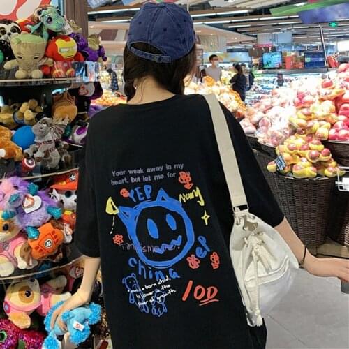 Black CartoonT Shirt Woman 2021 Harajuku Hip Hop Short Sleeve Tees Casual Tops Streetwear Oversized T Shirts Cotton Mens Clothes
