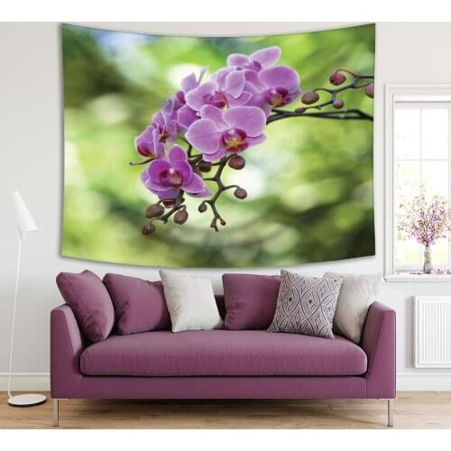 Tapestry Purple Lilac Orchid Flowers on Green Becomes Blurred Background Summer Nature Theme Photo Printed
