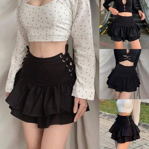 Goth Aesthetic Black Pleated Skirt Vintage Sexy Ruffle Mini Skirts Streetwear High Waist Eyelet Bandage Summer Skirts