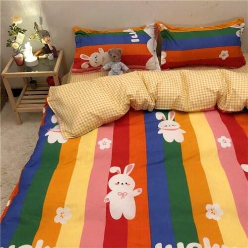 Rainbow Rabbit Plaid Style Bedding Set Duvet Cover Bed Linen Sheet All Season Quilt Cover Set Pillowcase Kids Adult Home Textile