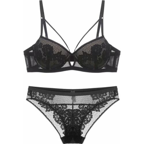 Sexy Bandage Floral Lace Push Up Bra and Panties Set Underwear Women Medium Padded Ladies Lingerie White Black Green A B C Cup