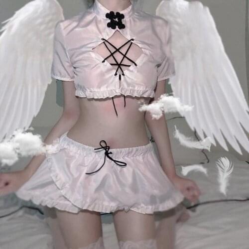 Lace Floral Knot Tops with Panty Sexy Underwear Split Mini Skirt Qipao Babydoll Lingerie Set Party Nightclub Cosplay Uniforms