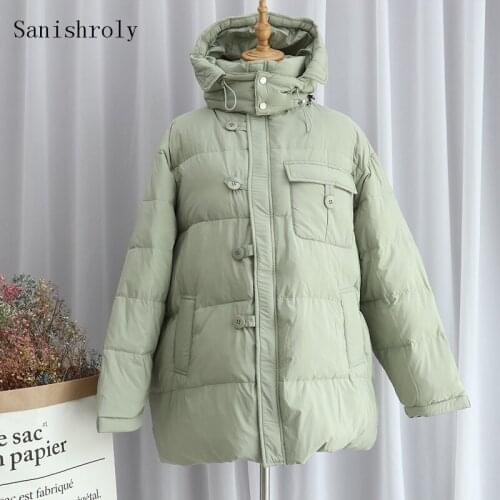 Sanishroly Winter Loose Thicken White Duck Down Jacket Women Button Midi Long Hooded Coat Parka Female Oversize Outerwears S1113