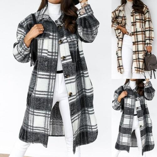 Autumn Winter New Stylish Women Plaid Buttons Long Sleeve Lapel Jacket Knee-length Long Outwear Overcoat
