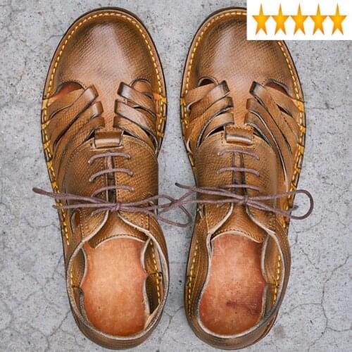 Quality High Brand Handmade Design Woven Men Vintage Flat Round Toe 100% Genuine Leather Beach Shoes Mens Roman Sandals