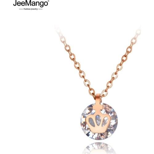 JeeMango New Titanium Stainless Steel CZ Crystal Choker Necklaces Jewelry Trendy Crown Charm Pendant Necklace For Women JN20020