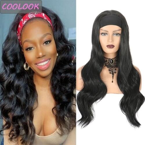 Black Wavy Headband Wigs for Women 26'' Long Body Wave Head Band Wig Natural Synthetic African American Water Wave Headwraps Wig