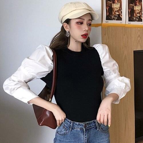 Koren Fashion O Neck Puff Sleeve Sweater Pullovers Autumn Casual Crop Top Sweater Elegant Knitting Patchwork Ladies' Tops