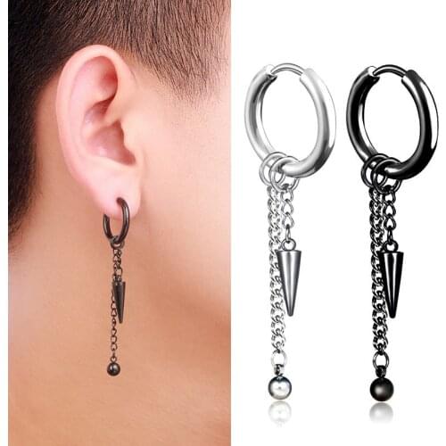 SOHOT Unisex Titanium Stainless Steel Hoop Drop Earrings HipHop Wholesale Punk Geometric Tassel Chain Man Bead Birthday New Gift