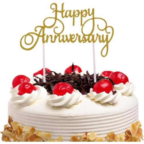 Cake Topper Flags Happy Anniversary Glitter Paper Cupcake Topper Birthday Wedding Decoration Bride Party Baby Shower Baking DIY