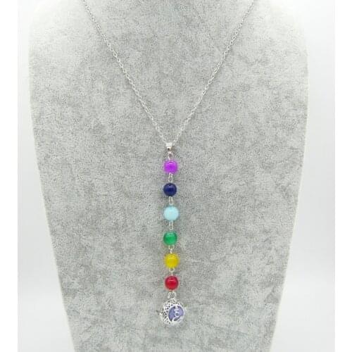 Y Shape Chain With Rosary 8mm Colored Glass Beads and Locket Pendant Trendy Chakra Essential Oil Diffuser Lady`s Necklace