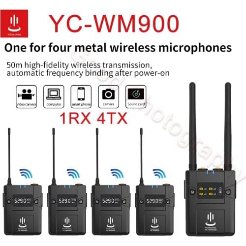 Yichuang YC-WM900 50m Wireless Microphone 1RX Receiver 4TX Transmitter Mic kit WM900 for Stabilizer DSLR Camera Phone Computer