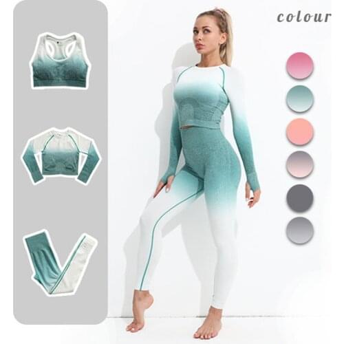 Women Ombre Gym Yoga Set Womens sportswear Seamless Leggings Long Sleeve Shirt Crop Top Sport Bra Fitness Workout Training Suit