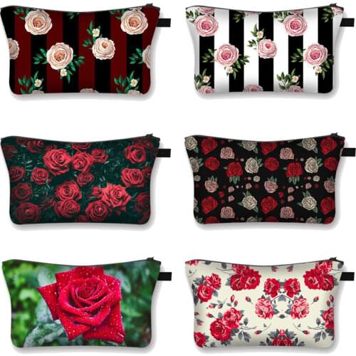Woman cosmetic organizer bag Red Roses Black 3D printing Cosmetic Bag Fashion ladies Brand makeup bag girls makeup Box