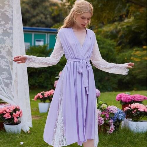 Spring / Summer 2021 Sexy Lace Long Sleeves Solid Color Robes Holiday Cardigan-style Long Skirt Women Bathrobe Casual Sleep Tops