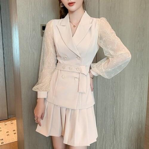 Women Casual Elegant Two Piece Set Autumn 2020 Mesh Patchwork Corset Blazer and Pleated Mini Skirt Ladies Casual 2 Piece Set