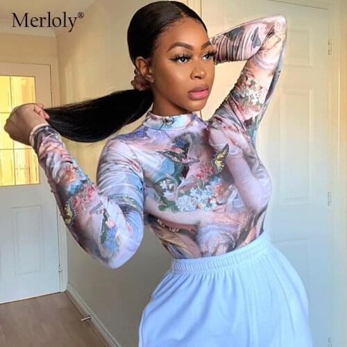 2020 Long sleeve vintage print Sexy bodysuit women autumn winter fashion streetwear outfits romper club y2k bodysuits