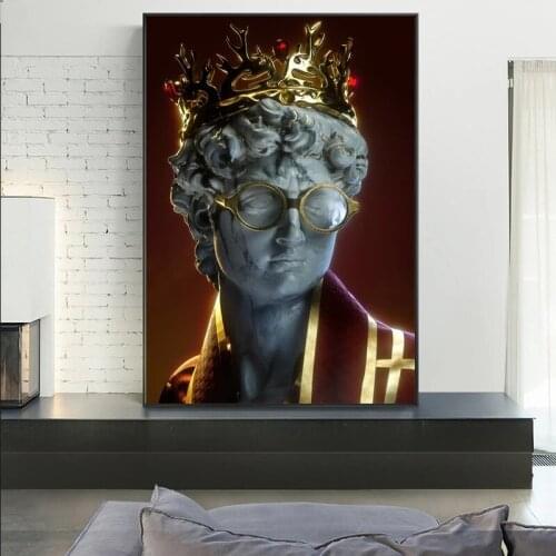 Golden Sculpture Aesthetic Poster and Prints David Statue with Crown Canvas Painting on Hallway Wall Art Pictures for Room Decor