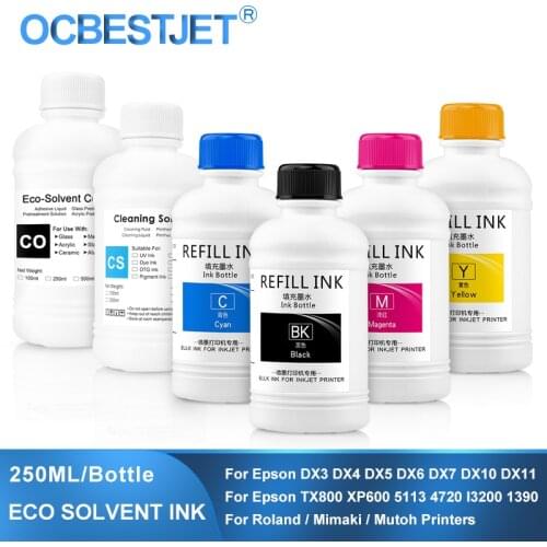 250ML/Bottle Eco-Solvent Ink For Epson DX5 DX6 DX7 DX10 Printhead 4800 4880 R2000 TX800 1390 1500W L800 L1800 Eco Solvent Ink