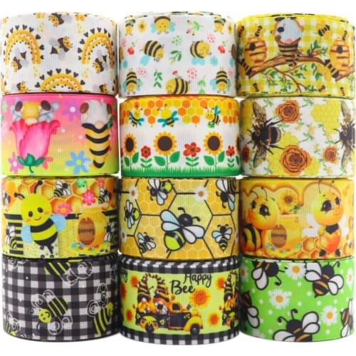 50Yards 1.5" 38MM Bee Printed Grossgrain Ribbon For Hair Accessories DIY Crafts Handmade Y2021040802