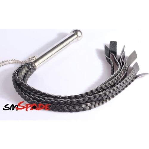 65cm Metal anal plug handle leather whip with 7 braided tails ,sex leather flogger with dildo handle sex whip toys for couples