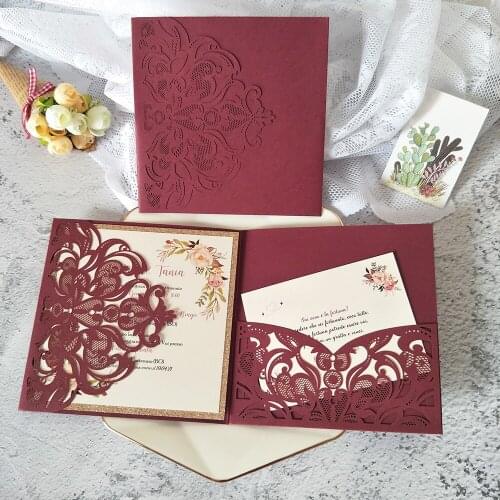 Burgundy Floral Print Wedding Invitation Cards with Glitter Bottom and RSVP DIY Glossy Invites for Bridal Shower Party 50pcs