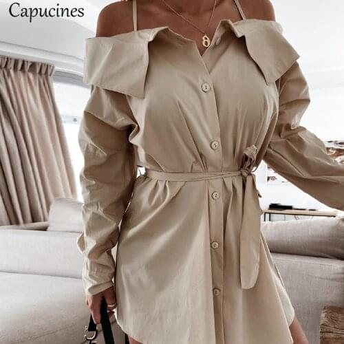 Capucines Fashion Sexy Sling Off The Shoulder Shirt Dress Woman 2021 Autumn Long Sleeves Solid Single Breasted Belt Mini Dresses