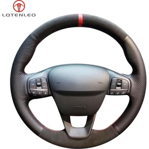 LQTENLEO Black Genuine Leather Suede Steering Wheel Cover For Ford Focus 4 Escape 2019 2020 Fiesta Tourneo 2018-2020 Escort Puma