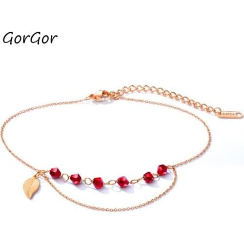 GorGor 2020 Trendy ClassicTassel Titanium Steel Plated Rose Gold Leaf Long Chain Bracelet for Girlfriends Jewelry Gift 062
