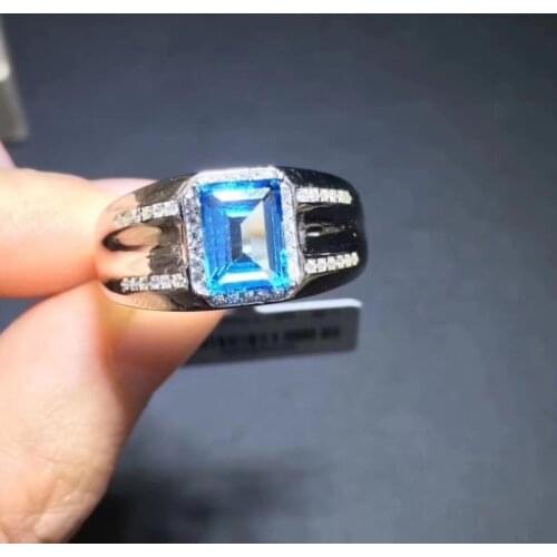Luxurious heavy big square Pillow Natural blue topaz gem Ring S925 Silver Natural Gemstone Ring men Womens party Rings Jewelry