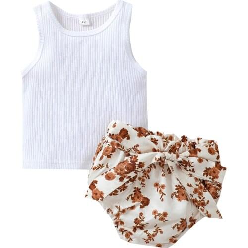 Toddlers Summer Outfit Solid Color O-Neck Ribbed Tank Tops Floral Elastic Waist Shorts for Baby Girls
