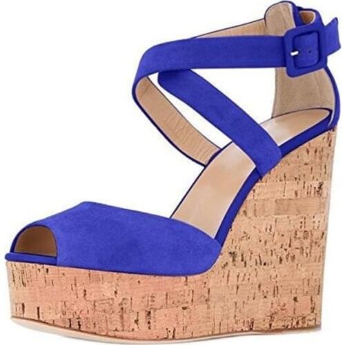 Fashion Blue Women Wedge Sandals Cut-out Ankle Warp Buckle High Heeled Dress Shoes Big Size 10 Gladiator Sandals Shoes Free Ship