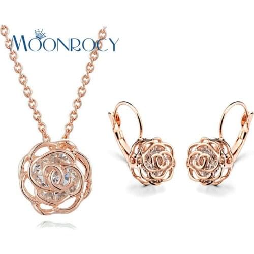 MOONROCY Trendy Crystal Necklace and Earrings Rose Gold Color Jewelry Set for Women Lovers Girls Gift Dropshipping Wholesale