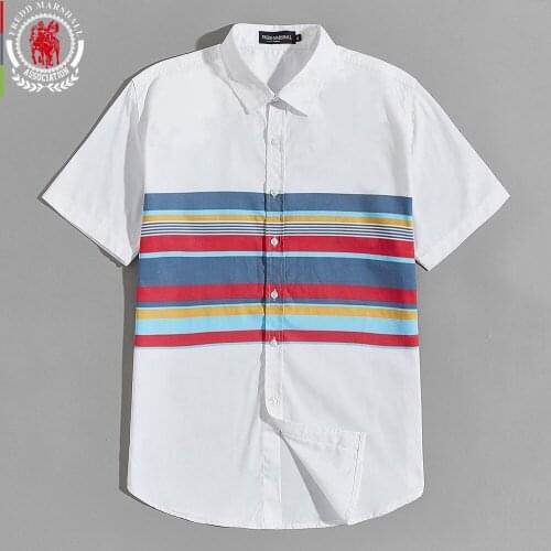 FREDD MARSHALL 2020 New Men Striped Shirt Summer Short Sleeve 100% Cotton Breathable Casual Business Patchwork Denim Shirt 55915