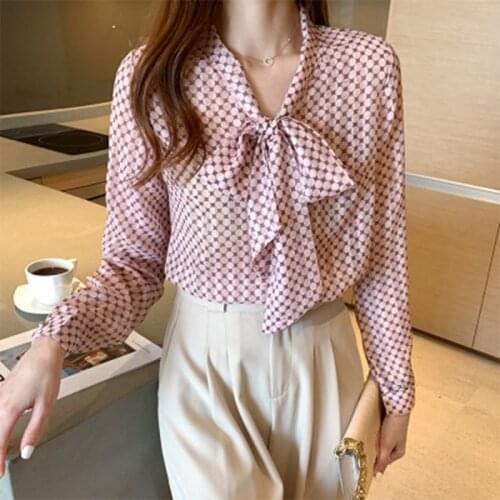 New Hot Fashion Korea Style Vintage Dots Womens Body Blouse Tops Shirt Bow Collar Long-Sleeved Loose Blouses 2021
