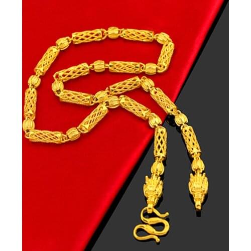 Real 24K Gold Plated Men Necklace for Wedding Engagement Anniversary Gifts Luxury Hollow Cylindrical Beads Chain Jewelry Male