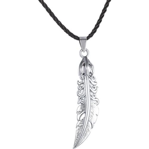 Retro Stainless Steel Feather Pendant Mens Jewelry Flash Unisex Choker Necklace Black Cord Leather Chain Adjustable