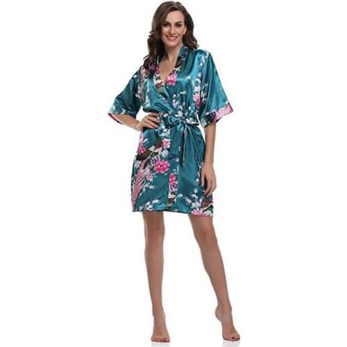 Sexy Mini Drak Green Lady Summer Bath Robe Gown Silk Rayon Kimono Yukata Bridesmaid Robe with Peacock and Blossoms D124-05