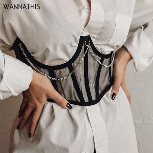 WannaThis Belts for Women Lace up Wide Belt Mesh Elegant Women Metal Chain Straps Female Stretchy Wide Belt Ladies Asymmetry